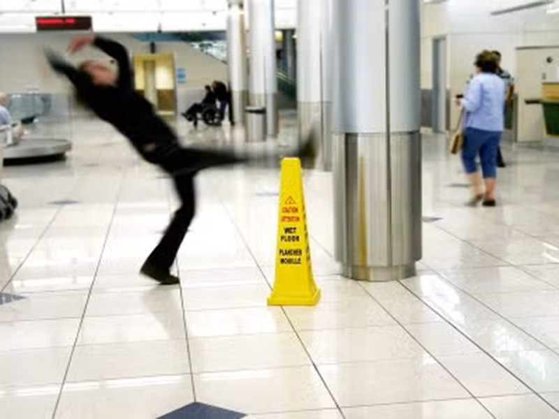 Warning sign on a wet floor, related to slip and fall lawsuit in Tracy, CA